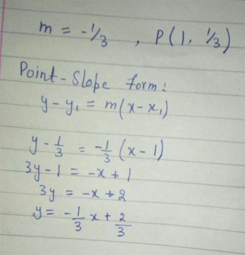 Find the equation of the line in standard form with slope m = - 1/3 and passing through-example-1