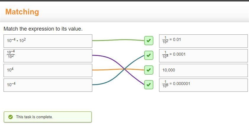 Match the expression to its value. 104 1 = 0.01 102 104 102 10,000 10-4. 102 1 = 0.000001 109 10-4 1 = 0.0001 10--example-1