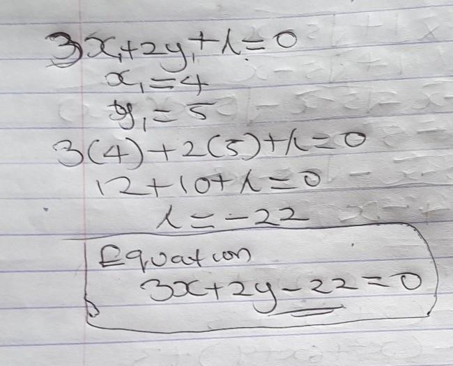 Dos rectas son paralelas, una de ellas es 3x+2y−4=0 y la otra pasa por el punto (4,5); Encuentra-example-1