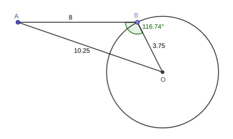 Is segment AB tangent to circle O shown in the diagram, for AB = 8, OB = 3.75, and-example-1