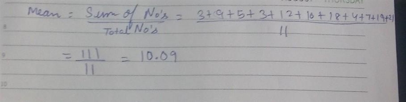 Find the mean deviation about mean for rhe following data 3,9, 5, 3, 12, 10, 18, 4, 7, 19, 21 Class-example-1