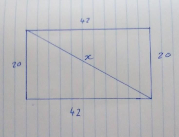 A rectangular garden has a length of 20 yards and a width of 42 yards. A diagonal-example-1