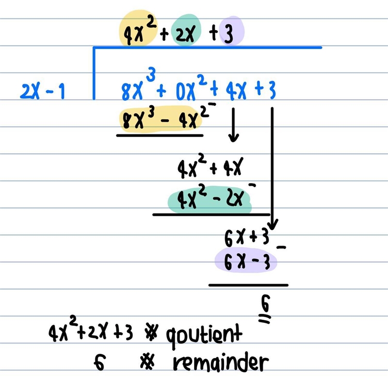 Use the appropriate method to find the quotient and the remainder when 8x³+4x+3 is-example-1