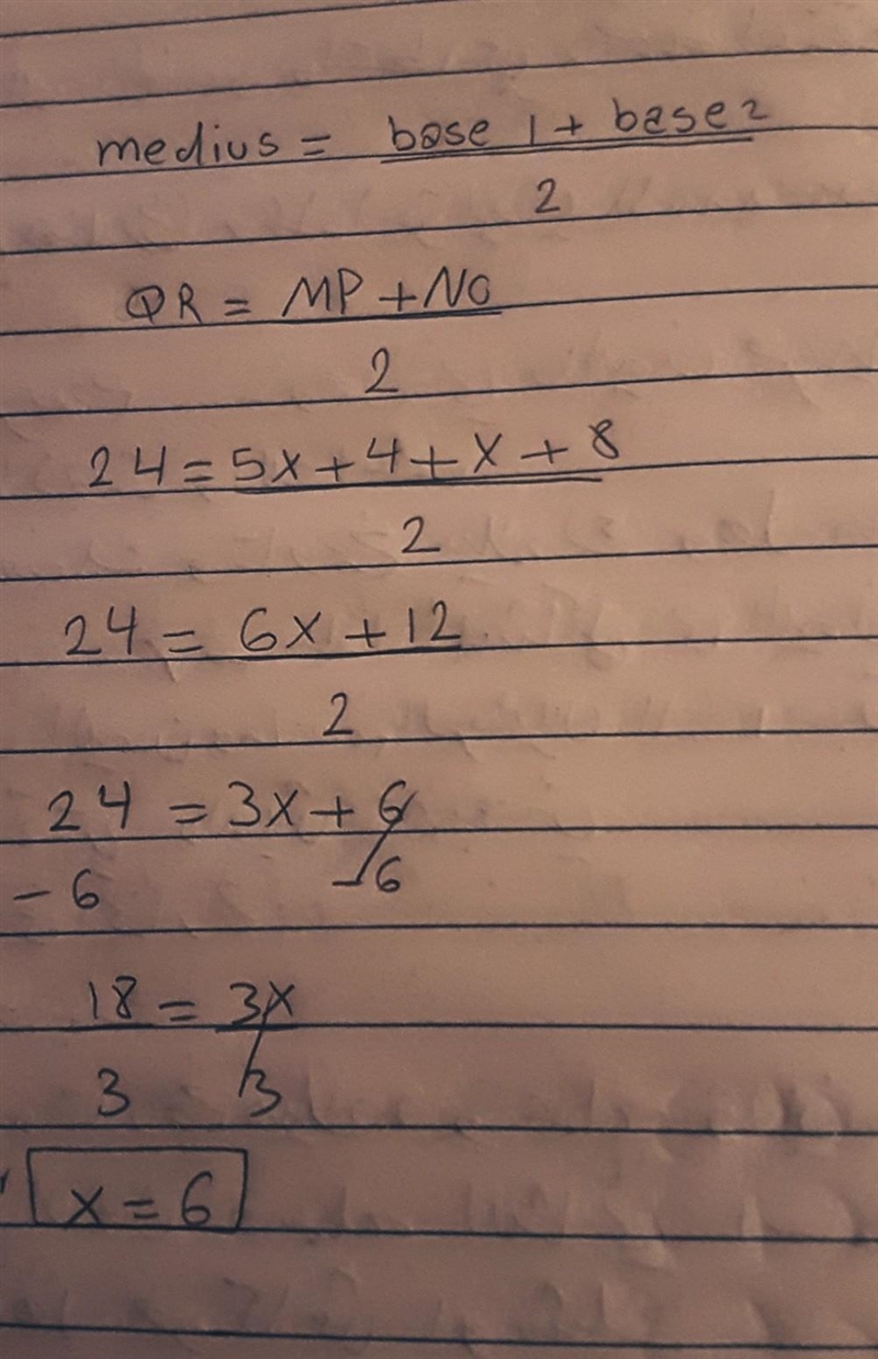 Given the median QR and trapezoid MNOP what is the value of x​-example-1