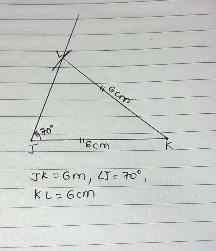 Guys please help me to draw triangle jkl JK=6cm, KL=6cm and j=70°​-example-1