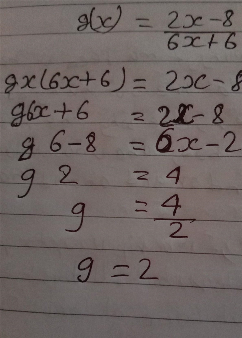 For the function g(x)=2x−8/ 6x+6, evaluate g(2)-example-1