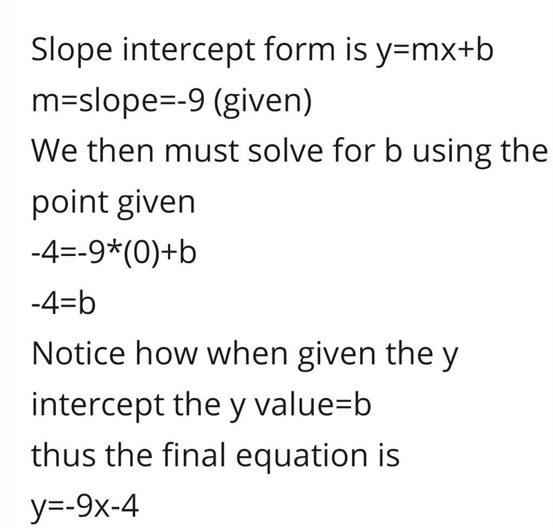 Write an equation of the line with the given slope, m, and y-intercept (0,b). m = 4, b-example-1