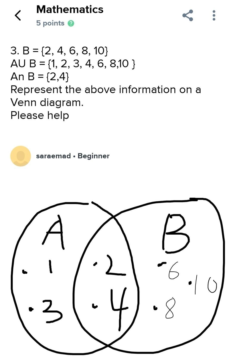 3. B = {2, 4, 6, 8, 10} AU B = {1, 2, 3, 4, 6, 8,10 } An B = {2,4} Represent the above-example-1