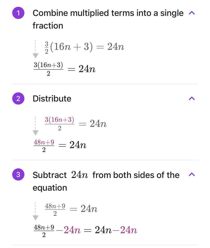 3/2(16n+3)=24n Please help me understand how to solve step by step?-example-1