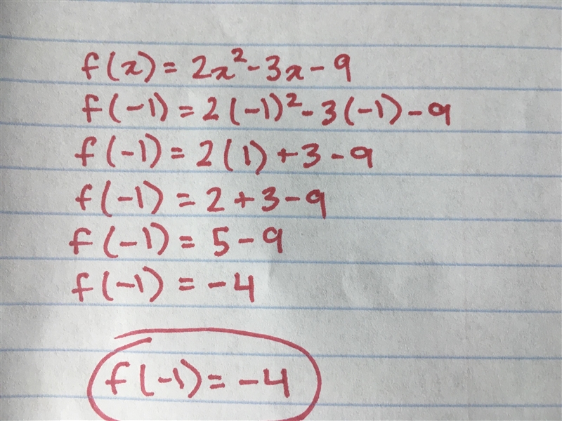 What is the correct value of f(-1) if f(x) = 2x2 – 3x – 9-example-1