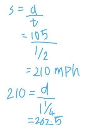 An airplane flies 105 miles in ½ hour. How far can it fly in 1 ¼ hours at the same-example-1