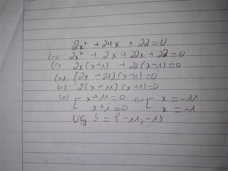 Solve the quadratic equation by factoring. 2x2+24x+22=0-example-1