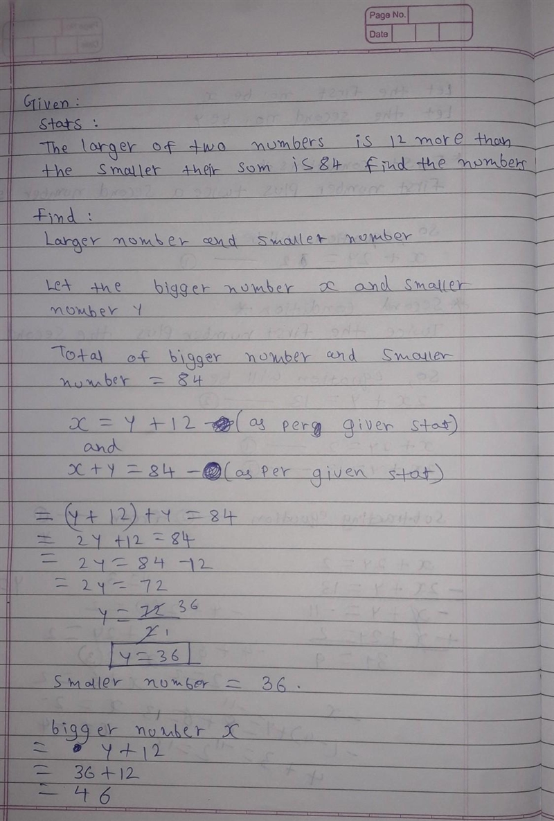 The larger of two numbers is 12 more than the smaller their sum is 84 find the numbers-example-1