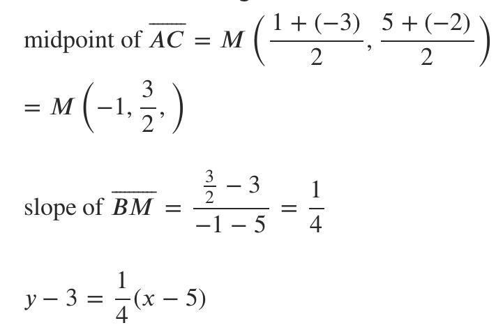 Find the equation of the median from B, in ABC whose vertices are A(1, 5), B(5, 3), and-example-1