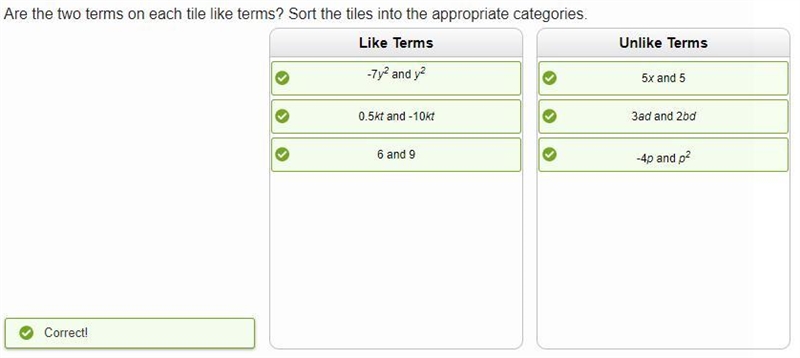 Are the two terms on each tile like terms? Sort the tiles into the appropriate categories-example-1