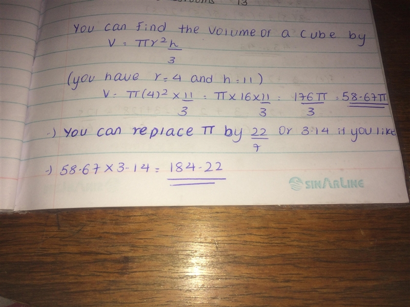 What is the volume of a cone with a radius of 4 inches and height of 11?-example-1