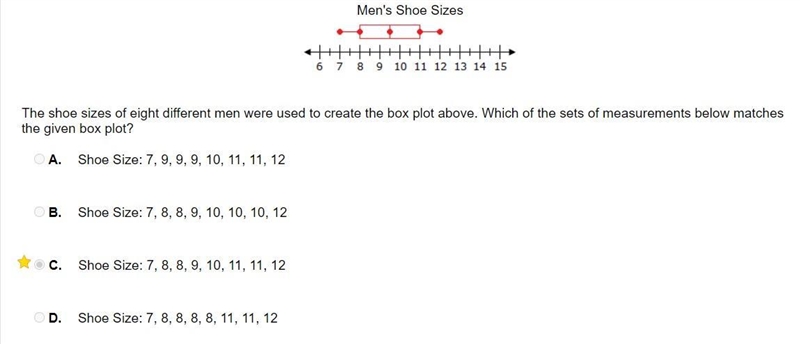 The shoe sizes of eight different men were used to create the box plot above. Which-example-1