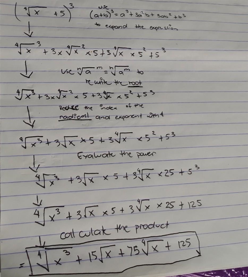 Write the expression in rational exponent form.(\sqrt[4]{x}+5)^(3)-example-1