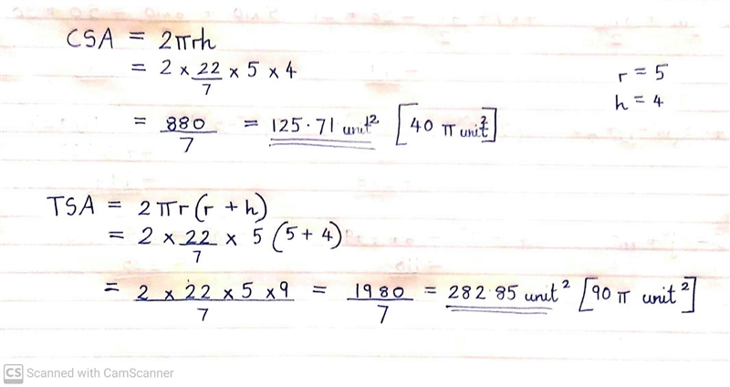 Cylinder with radius of 5 and height of 4 surface area-example-1