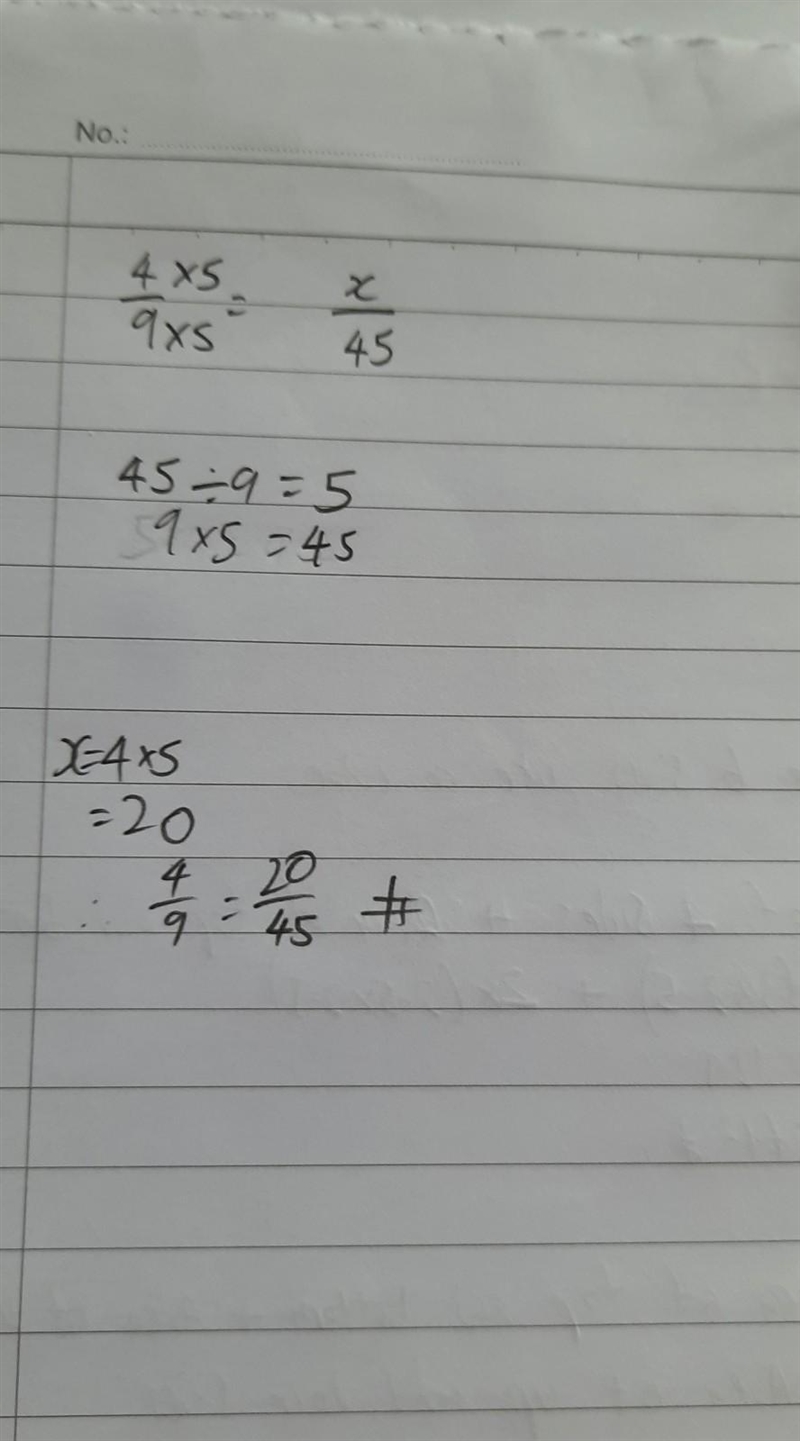 Write the fraction 4/9 as an equivalent fraction with the given denominator 45​-example-1