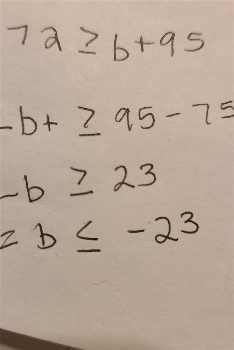 Choose the solution to this inequality. 72≥b+95 b≥25 b≤1710 b≤−23 b<227-example-1