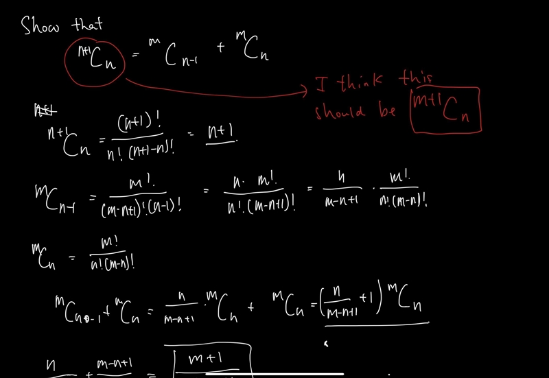 Shows that n+1Cn= mCn-1 + mCn-example-1