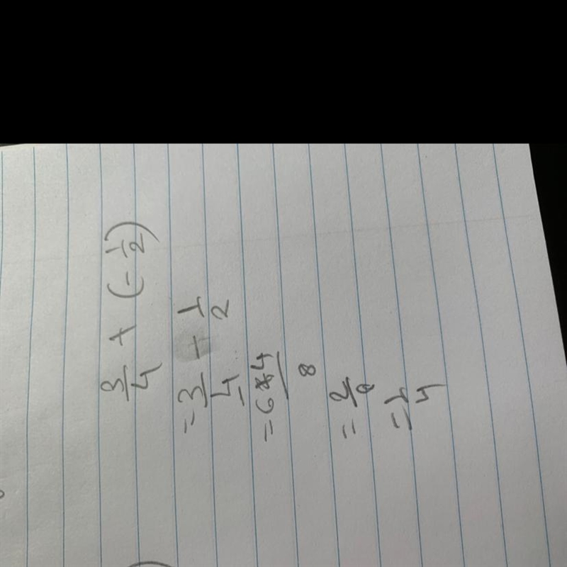 What is the solution to this addition sentence? 3/4 + (-1/2) = _____-example-1