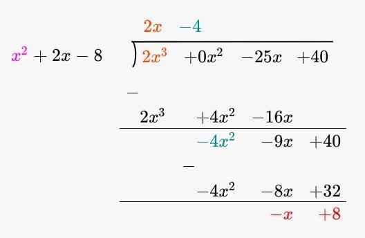 What is the quotient and remainder, written as partial fractions, of 2x^3-25x+40/x-example-1