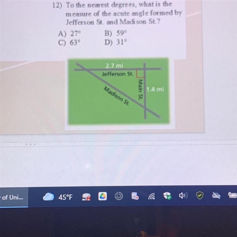 To the nearest degrees. What is the measure of the acute angle formed by Jefferson-example-1