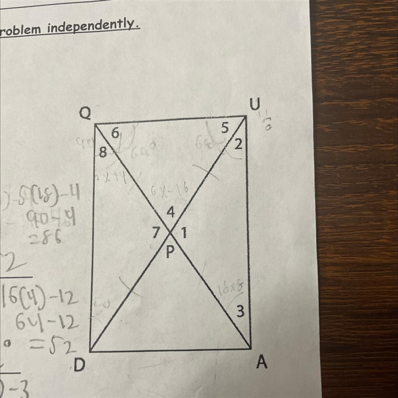 Question: If m<4 = 6x - 16 and m<8 = 2x + 4, then m<4 = _____ Pls show how-example-1