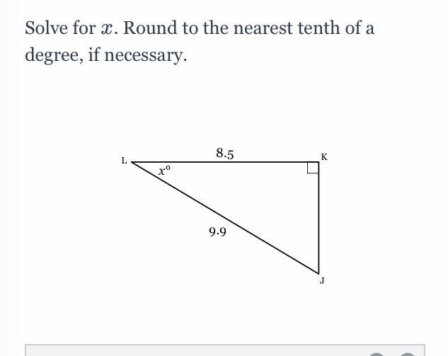 Solve for x. Round to the nearest tenth of a degree, if necessary.-example-1