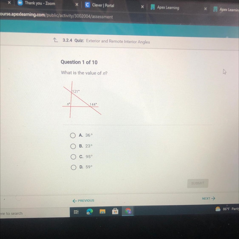 Question 1 of 10 What is the value of n? 144 O A. 36 O B. 23 O C. 95° D. 590-example-1