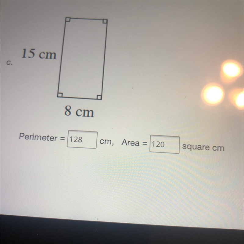 Perimeter cm, area square cm-example-1