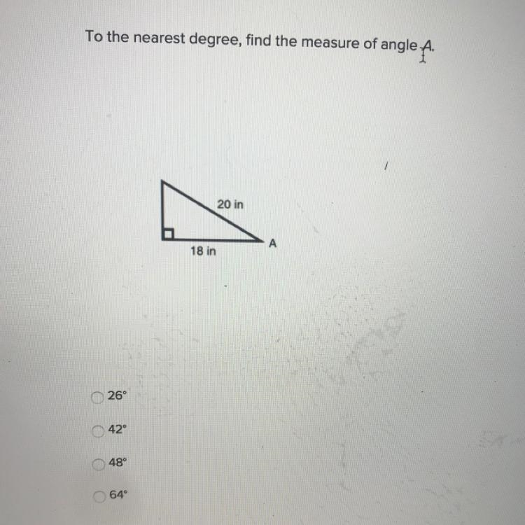 To the nearest degree, find the measure of angle A.-example-1