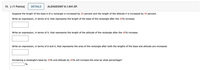 Suppose the length of the base b of a rectangle is increased by 20 percent and the-example-1