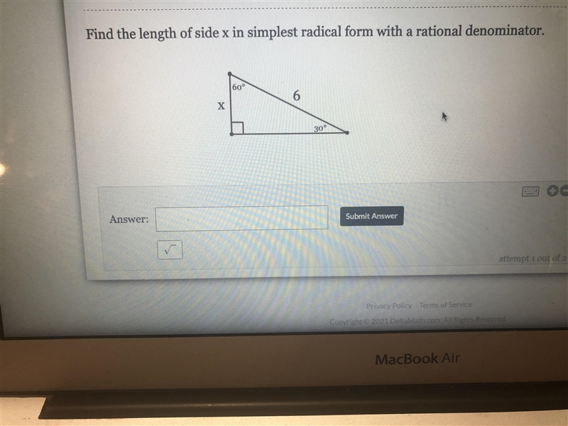 Find the length of side x in simplest radical form with a rational denominator.-example-1