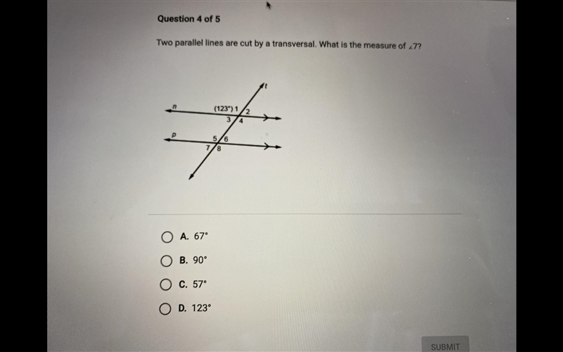 Two parallel lines are cut by a transversal what is the measure of 7-example-1