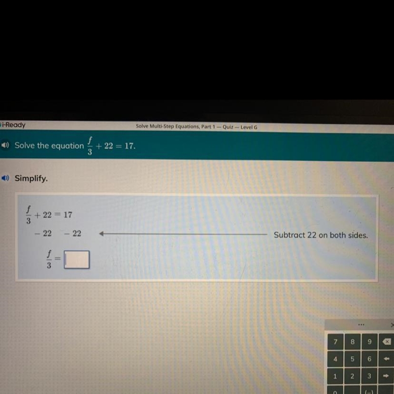 Solve the equation f/3+22=17-example-1