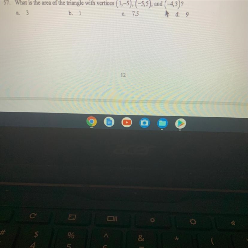 What is the area of the triangle with verticals (1,-5),(-5,5), and (-4,3)?-example-1