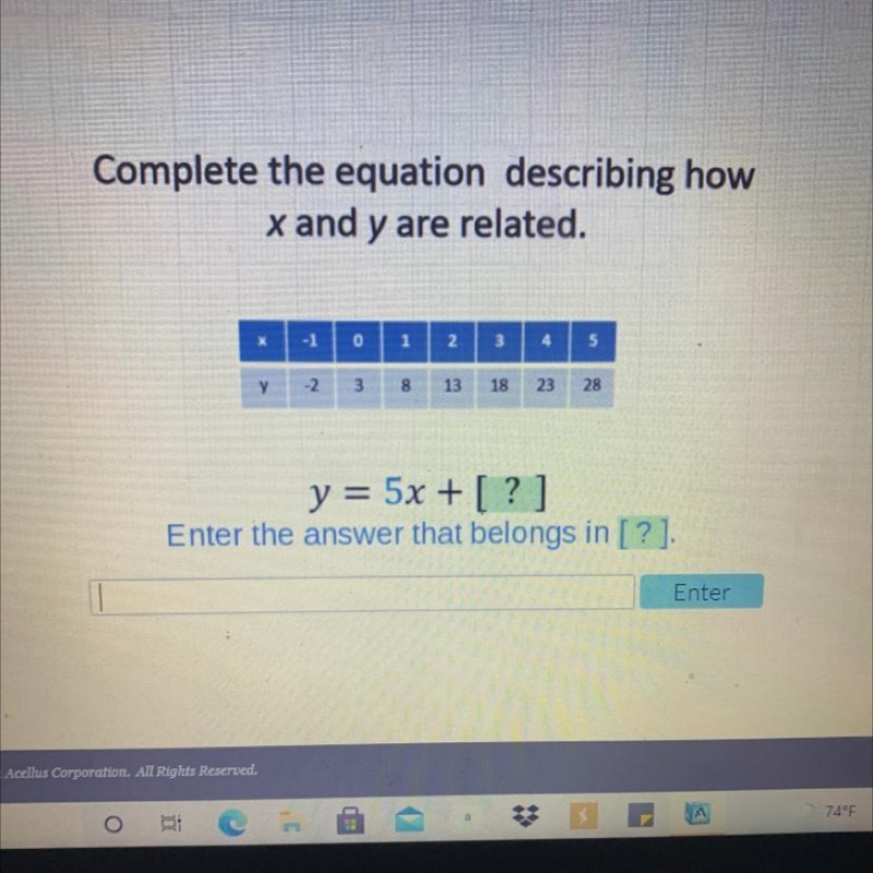 Complete the equation describing how x and y are related. 5 1 2 3 4 8 13 18 -2 3 23 28 y-example-1