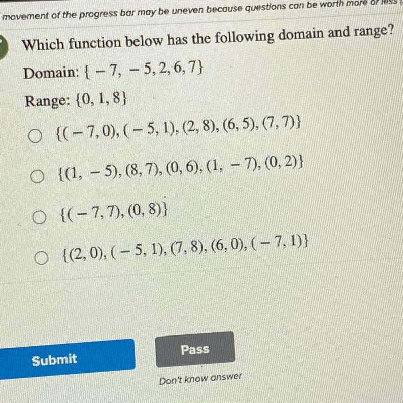 Which function below has the following domain and range? Domain: {-7, - 5,2, 6, 7} Range-example-1