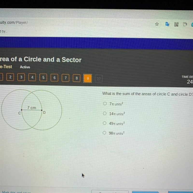 What is the sum of the areas of circle C and circle D? O 7 units? 7 cm D O 1410 units-example-1