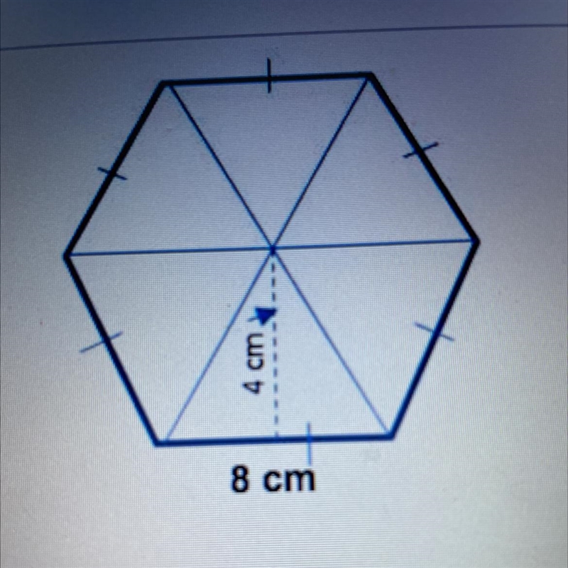 Find the area of the regular hexagon A) 36 cm B) 64 cm C) 96 cm D) 345 cm-example-1