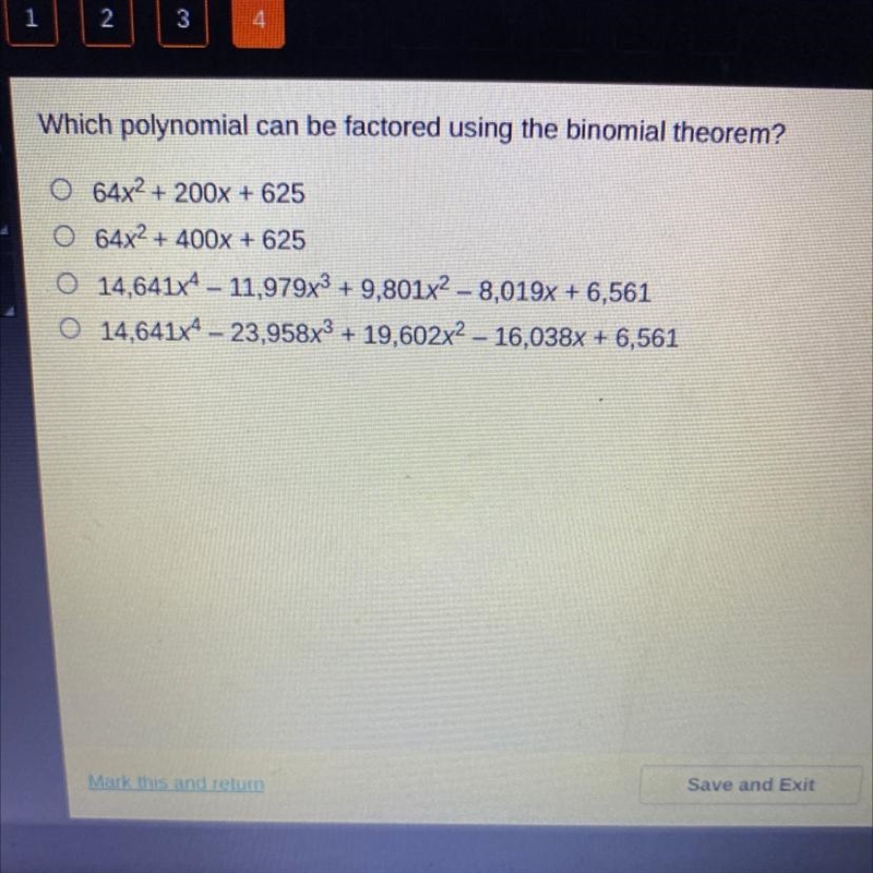 Which polynomial can be factored using the binomial theorem? 64x2 + 200x + 625 64x-example-1