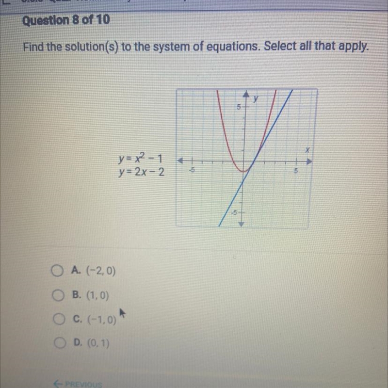 Find the solution(s) to the system of equations. Select all that apply. 5 y= x2 - 1 y-example-1