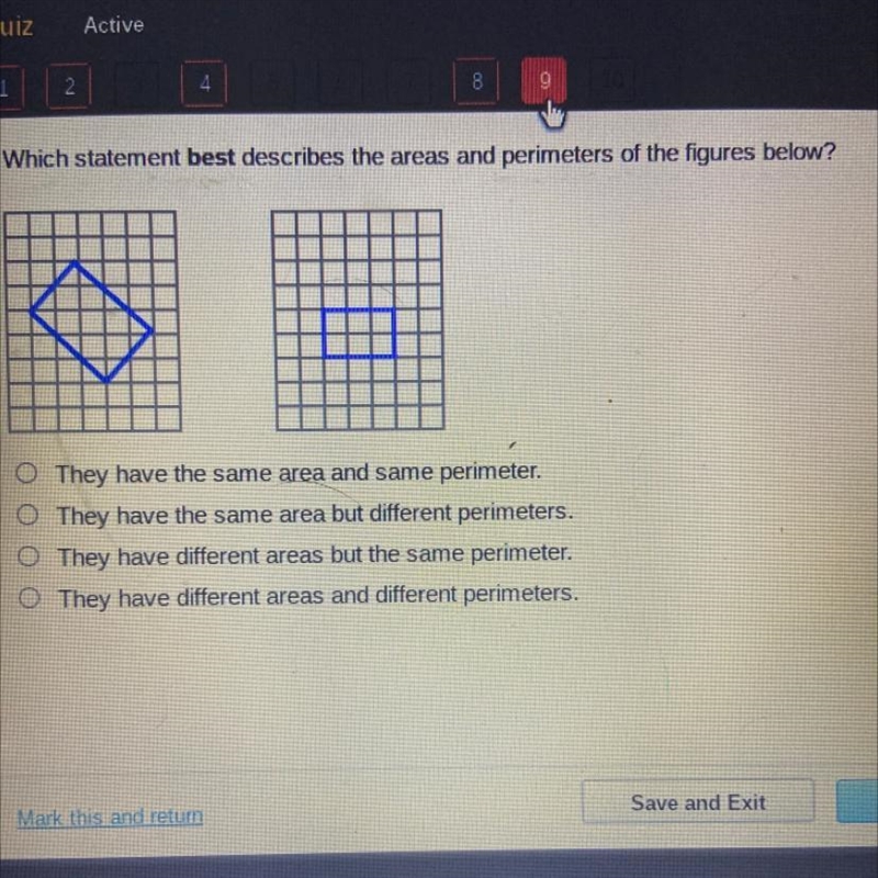 Which statement best describes the areas and perimeters of the figures below?-example-1