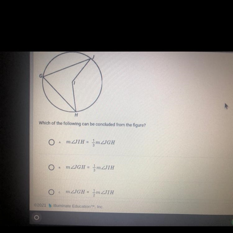 In the figure below, points G, H, and Jall lie on circle I. H Which of the following-example-1