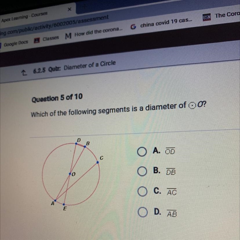 PLEASE HELP ASAPPPPPP Which of the following segments is a diameter of O?A. OD B. DB-example-1