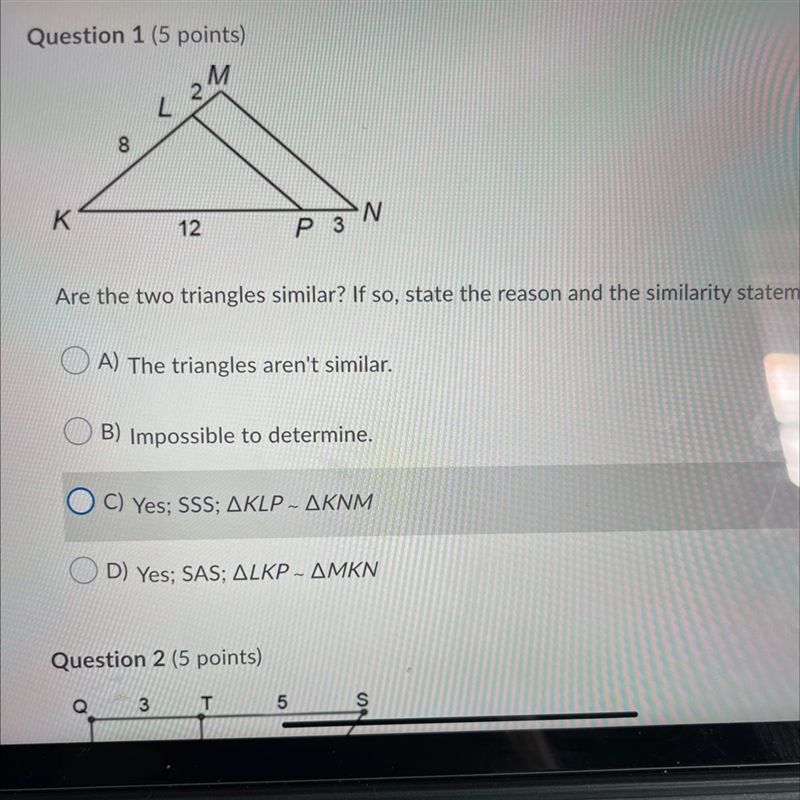 Are the two triangles similar? If so, state the reason and the similarity statement-example-1