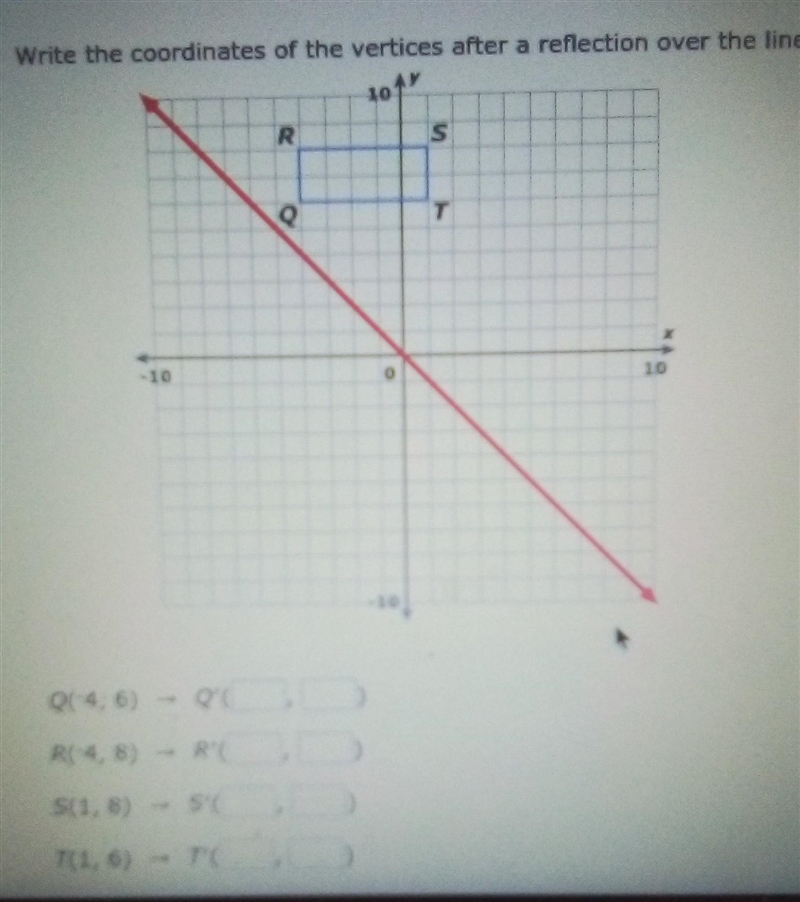 Write the coordinates of the vertices after a reflection over the line y = x Q(-4,6) --&gt-example-1